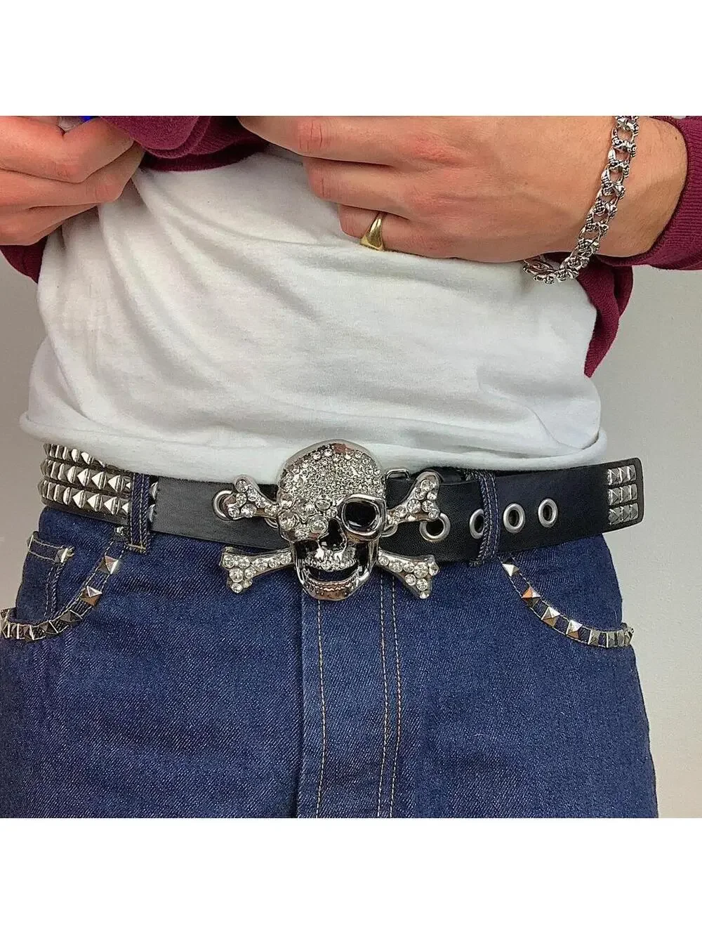 Vintage y2k 2000s Punk Style Diamond Studded Skeleton black essential belt.